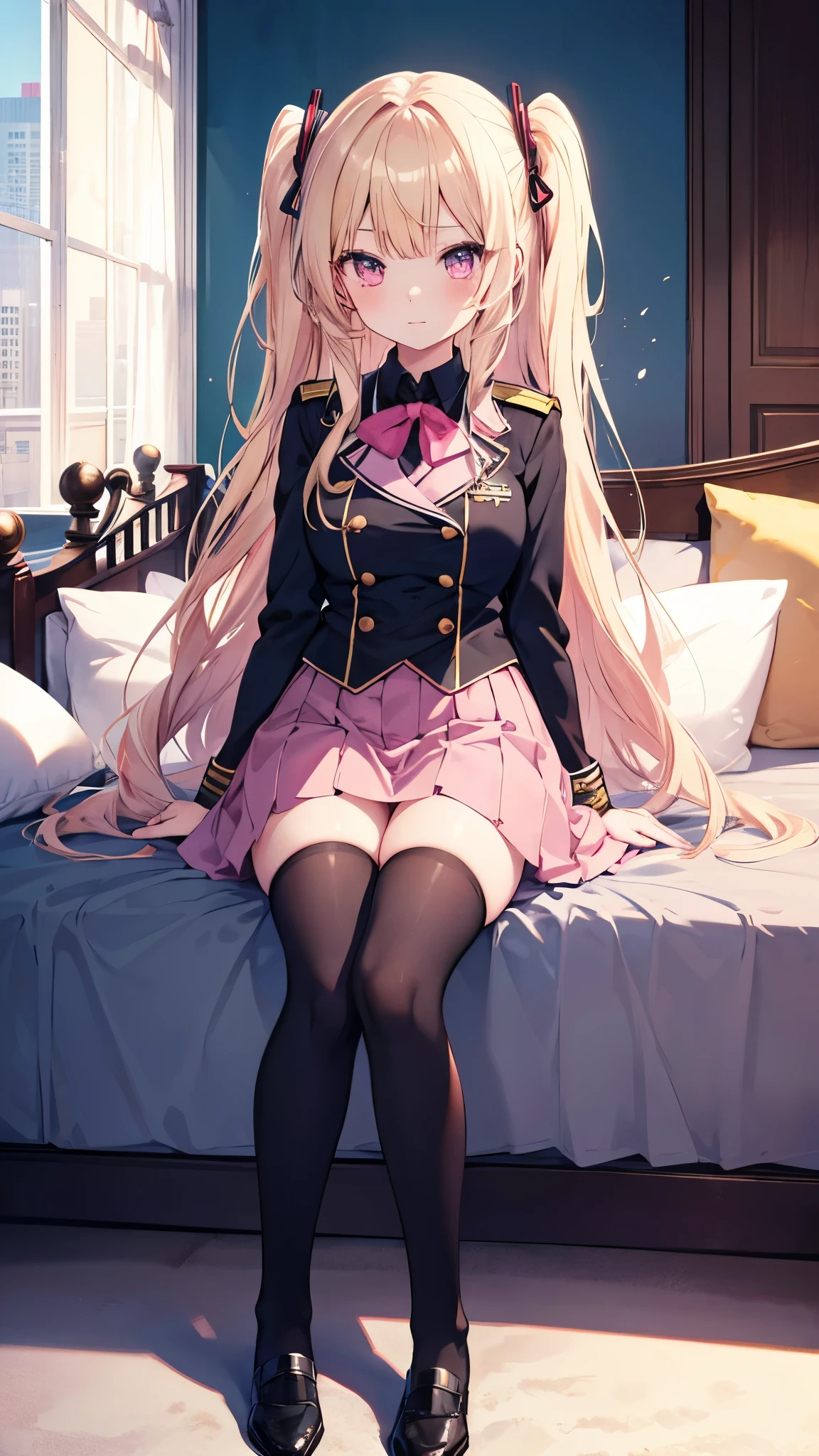finest, masterpiece, High resolution, (Full body view from head to toe), front, frontやや下からの構図, Symmetrical, 18 year old girl, alone, (whole body from head to toe), small breasts, brown hair, slightly messy hair, long hair, bangs, (black tights), ( (black pantyhose), black pantyhose, sitting with legs spread in the bedroom, (M-shaped legs), show me your white panties, Slender legs, とても美しい18 year old girl, (not wearing shoes), blush, shy big eyes, messy hair, looking at camera, Blazer uniform appearance、Checkered pleated skirt