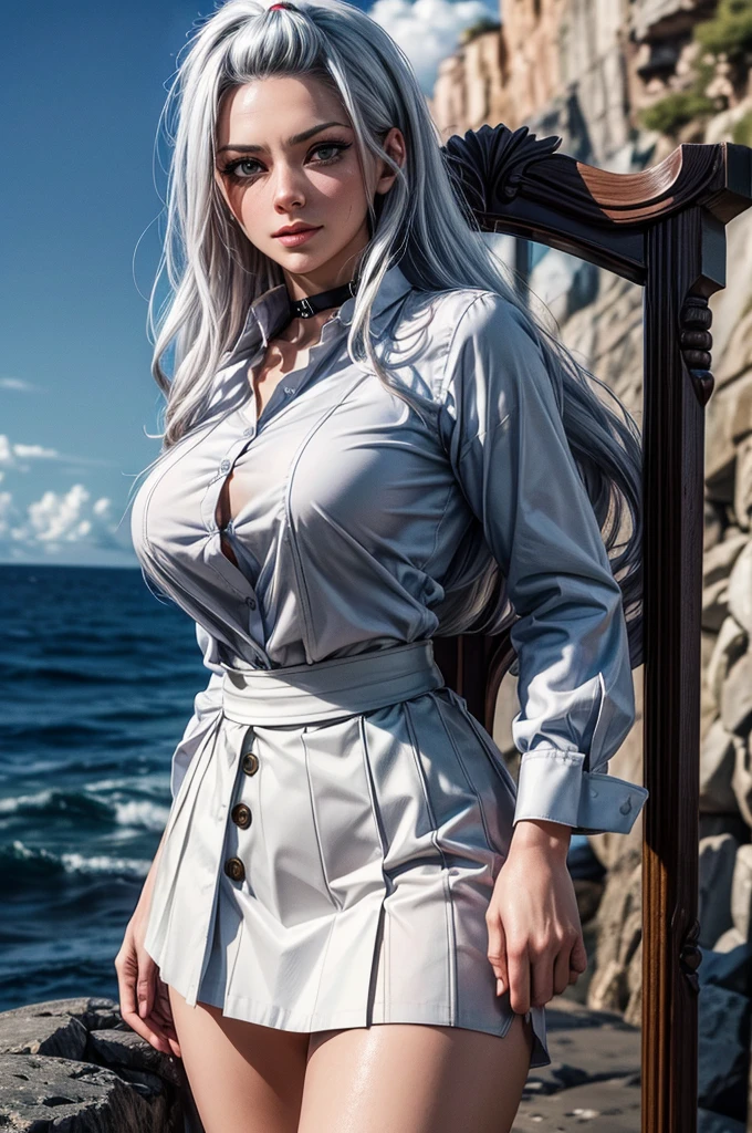 photorealistic, high resolution, soft lights, 1women, solo, hips up, blue eyes, white hair, long hair, shirt, black skirt, thigh highs