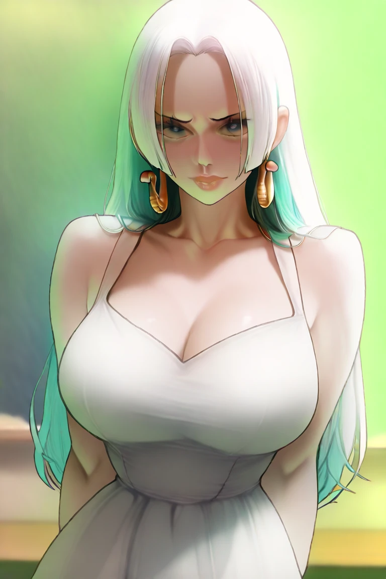 women, silver long hair, blue eyes, green Shirt, CleAVAGE; Big breast, standing