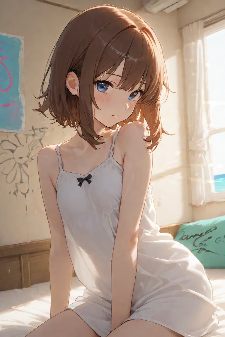 (Top quality illustrations:1.2), (pretty girl:1.1), (1 girl、17 years old)、Small breasts、Brown Hair、short hair、Wavy Hair、Curly Hair、Low Twintails,  {Camisole dress、Striped panties},  Cowboy Shot、Bedroom、On the bed, On all fours, from behind, hip focus, looking around, 