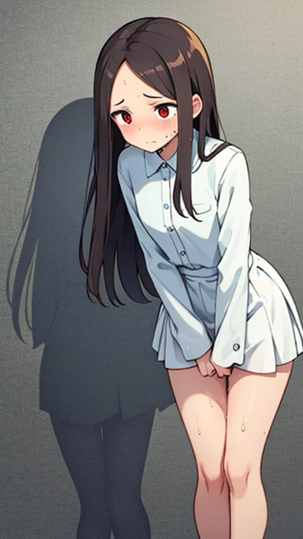 Yukimi, 10., Long Hair, Blunt bangs, Flat Chest, Expressionless, shy, whole body, Highest quality, School classroom、pussy、Angle from below、Kneel、(pussy:1.4)、(Masturbation:1.4)、(male'Head between thighs:1.4)、Striped pattern、Embarrassing、Small nipples