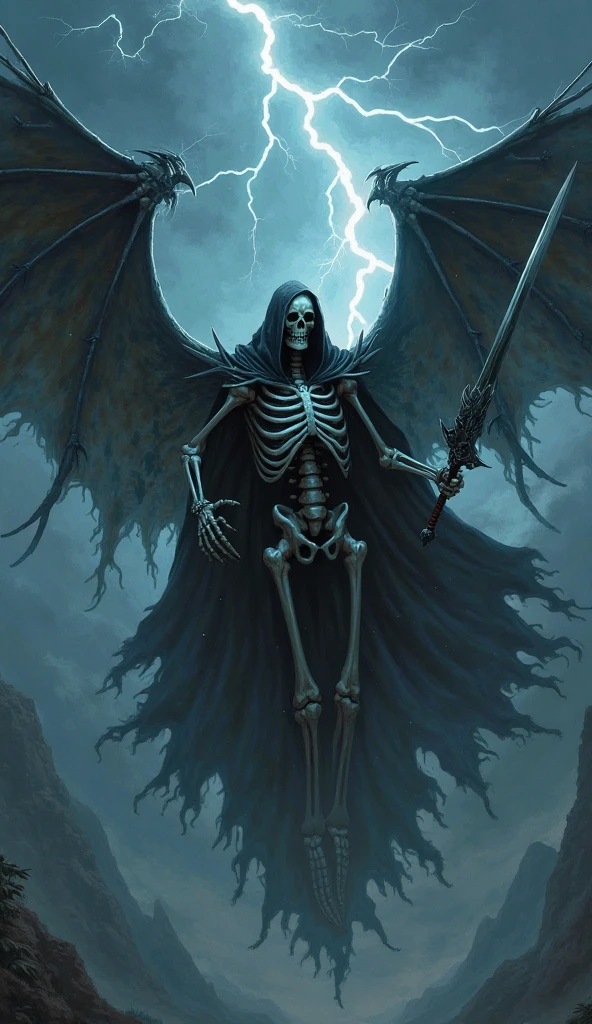dark fantasy aestetics, elden ring, elden ring style dark night, dim light, huge wings made of grey and blue fire, death reaper, black cloak, skeleton covered in grey fire, horrifing beauty, standing with the scythe, big grass field on the background, dark fantasy, horror, dnd, atmospheric perspective, perspective, wide shot, 4K, 8k, highres, high quality, masterpiece, best quality