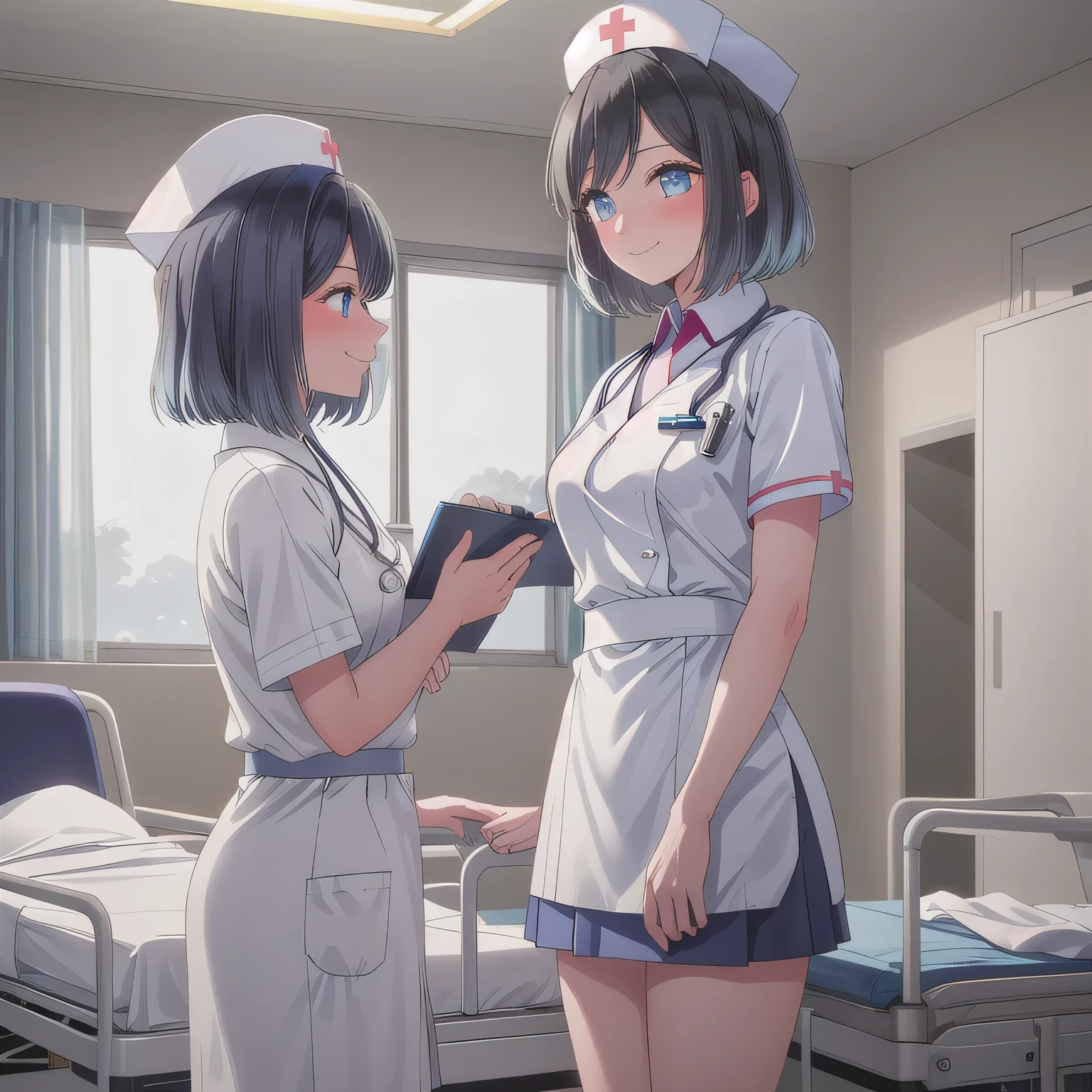 Two female nurses having fun in the hospital、Lesbian Mika、Greedy kiss、Yodare、tongue、modest chest、