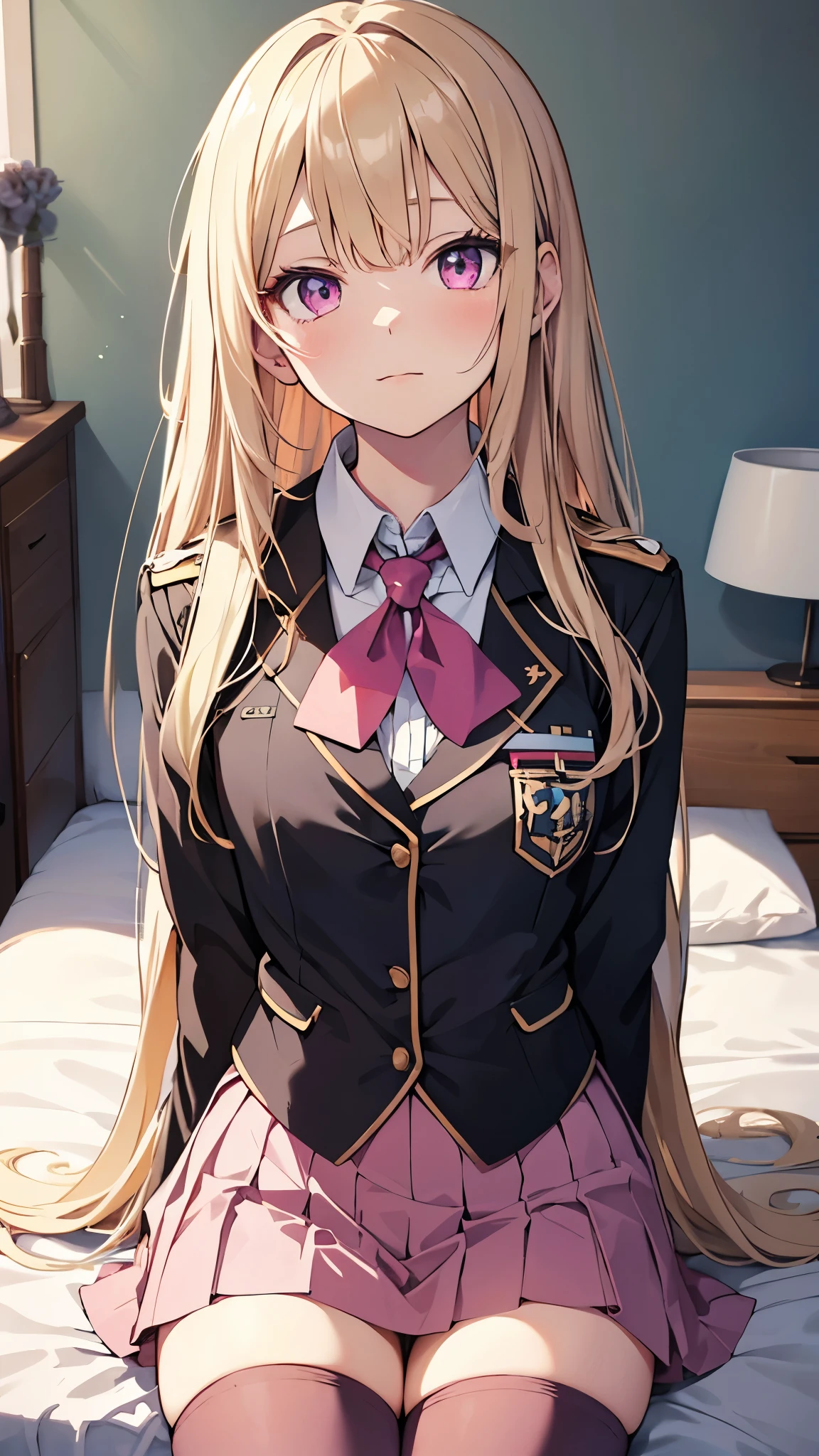18-year-old blonde girl, Turquoise eyes, long-haired,Braid left and right, Wear glasses, Wear a white long-sleeved shirt.....button up.  Black miniskirt, sitting on the bed, Show off your....With a smiling face....