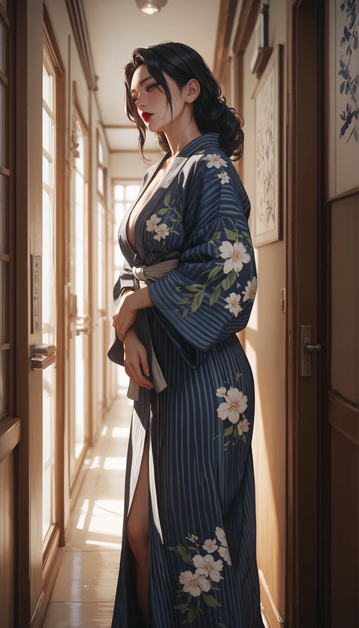 High Definition 8k long straight hair,red lips mature woman with a drunk expression mature woman wearing a dark blue yukata、solos、Corridor of an old inn leaning against the wall in the hallway kimono hanging on the hallway wall open the hem to see white calves Dim lighting
