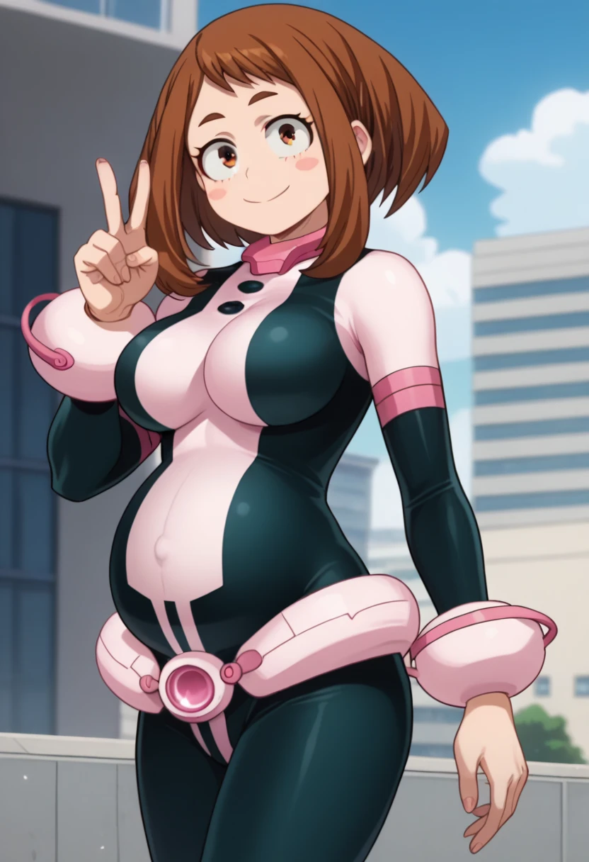 Ochako Uraraka, brown eyes, brown hair, short hair, blush, blush stickers,bodysuit, skin tight, superhero,、ahegao、smile、Ultra-detailed illustrations、Ultra-precise expression、masterpiece、Highest quality、ultra High resolution、High resolution、Hiromitsu Takeda Style、White background、Simple Background、whole body、One girl、solo、White Breath、Sweat、Glowing Skin、shiny skin、Front angle、View your viewers、stand、Big Breasts、Raise one leg、