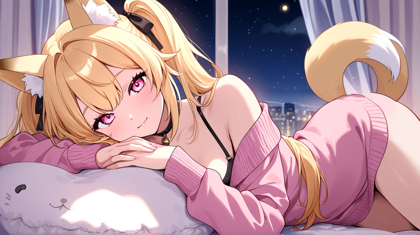 Highest quality、Complete limbs、Full Finger、Beautiful woman、Beautiful big breasts、HS1, red eyes, yellow eyes, side ponytail, x hair ornament, thigh strap, blue shorts, front-tie top, hair ribbon、Golden Hair、Black lace bra、Black lace panties、barefoot、Laughter、((Tower apartment))、Luxurious Room、((Glass Wall))、Luxurious king-size bed、((You can see the night view from the window))、Dimly lit room、Indirect lighting is on、Sitting on the bed、Blushing、Unpleasant atmosphere、Elegant atmosphere