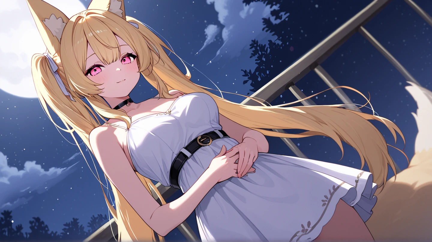 8k, top quality, masterpiece, 1girl, (Her right knee is on the ground, with her left leg extended behind her, Her right arm is extended overhead, with her left arm at her side), backe-side view, (white nylon leotard, friled, cute bow on her waist, revealing necklines:1.6 ), slim and soft, translucent skin, beautiful blonde hair, very long hair, bang style, the skin is fair and juicy, super cute, asian girl, super big cute eye, shiny heart shaped pupils, round face, beautiful breast, slim curve, smiling full of compassion, full of love, ashamed, (focus on her back :1.4),