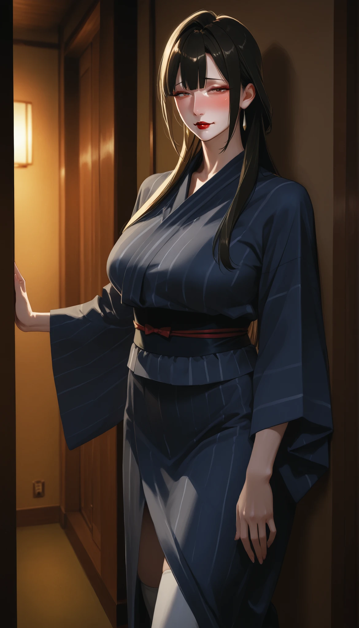 High Definition 8k long straight hair,red lips mature woman with a drunk expression mature woman wearing a dark blue yukata、solos、Corridor of an old inn leaning against the wall in the hallway kimono hanging on the hallway wall open the hem to see white calves Dim lighting