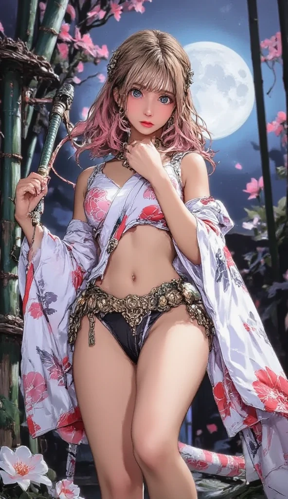 ((picture-perfect)), ((face perfect)), ((ultra detaild)), ((fully body)), ((perfectbody)), an oni girl with horns coming out of her forehead, tribal marks on the body wearing a kimono with drawings, Oni girl in a night waterfall