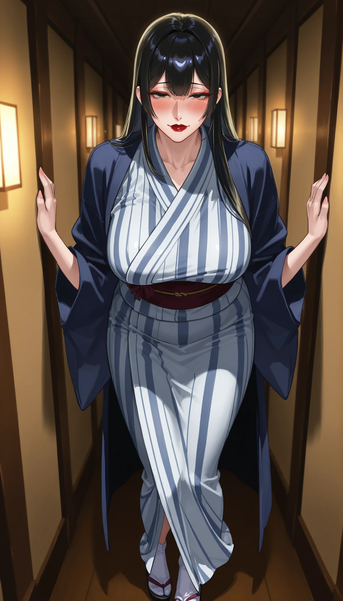 High Definition 8k long straight hair,red lips mature woman with a drunk expression mature woman wearing a dark blue yukata、solos、Corridor of an old inn leaning against the wall in the hallway kimono hanging on the hallway wall open the hem to see white calves Dim lighting
