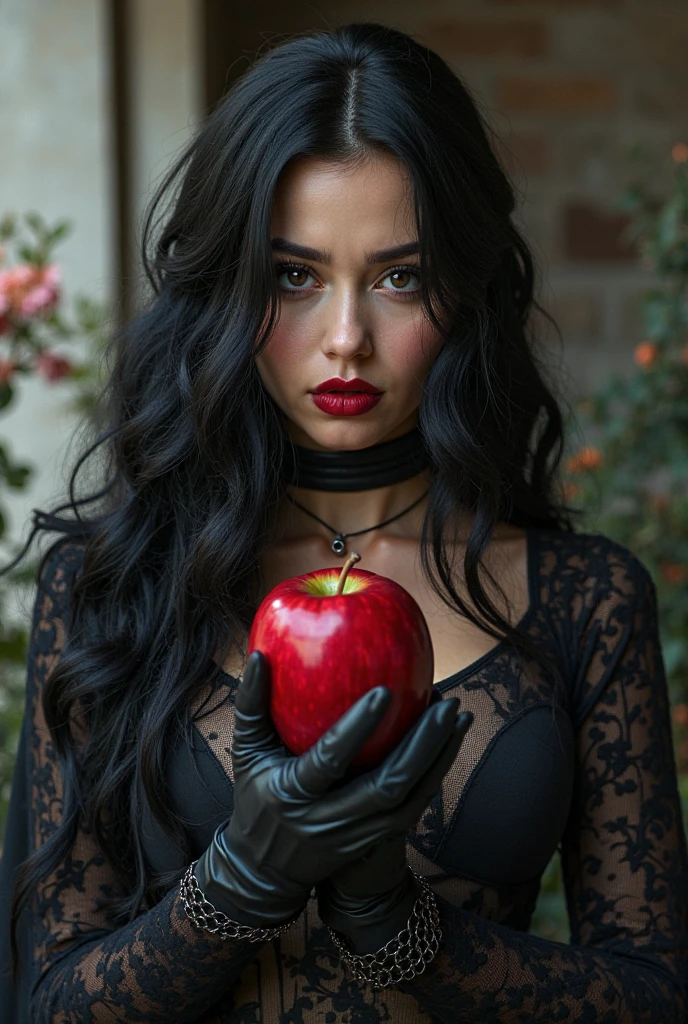 RAW, Best quality, high resolution, masterpiece: 1.3), Dark romance book cover, Sexy native woman holding apples to conceal, Apples in her hands conceal her nipples, Woman dressed as a seductive witch with purple-highlighted hair, Alluring pose, Wearing gloves, On staircase -- AR 1:1,

Masterpiece: 1.3, Captivating dark romance cover, Enchanting sexy native woman strategically posing with apples, Apples shielding her modesty, Exquisitely dressed witch with mesmerizing purple locks, Engaging pose adorned with gloves, Creating an air of mystery on the staircase