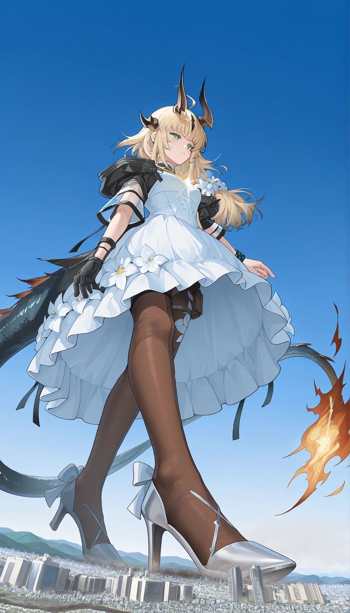 Head to Toe,whole body,Overall image, A young woman with long light blonde hair standing in front。、I'm wearing a hat。, Girl with her hands behind her back, alone, Dragon Red Eyes, smile, white background, blush, background, bangs, look forward to,Wearing lace-up shoes,Wearing gloves