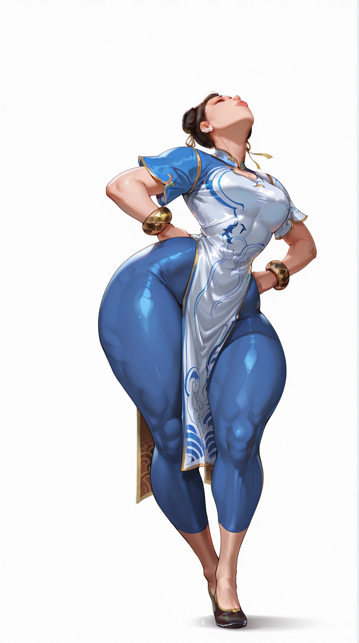 (Best Quality, 8K, 32K,1 girl, huge-breasted, thick thighs, Super Wide Hips, Huge ass, Perfect body, hyperdetailed face, Brown hair, Blue Legging Pants, chun li, Stuck Hair, Two Buns in Hair.