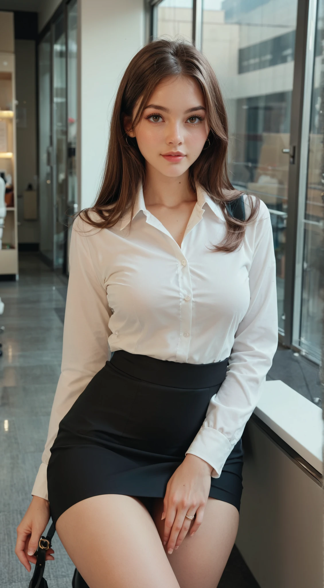 A girl，white shirt，Black Bag Hip Skirt，long brown hair， stand in the office ， without a backpack ，no bag