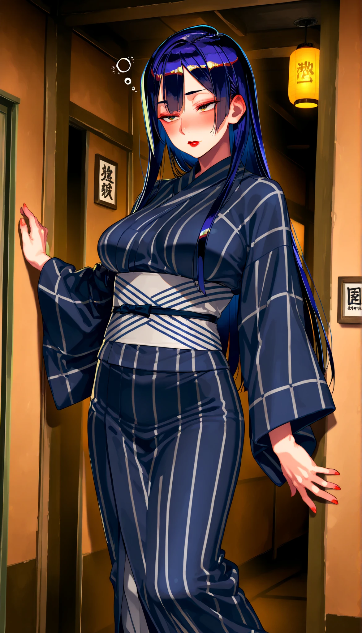 High Definition 8k long straight hair,red lips mature woman with a drunk expression mature woman wearing a dark blue yukata、solos、Corridor of an old inn leaning against the wall in the hallway kimono hanging on the hallway wall open the hem to see white calves Dim lighting