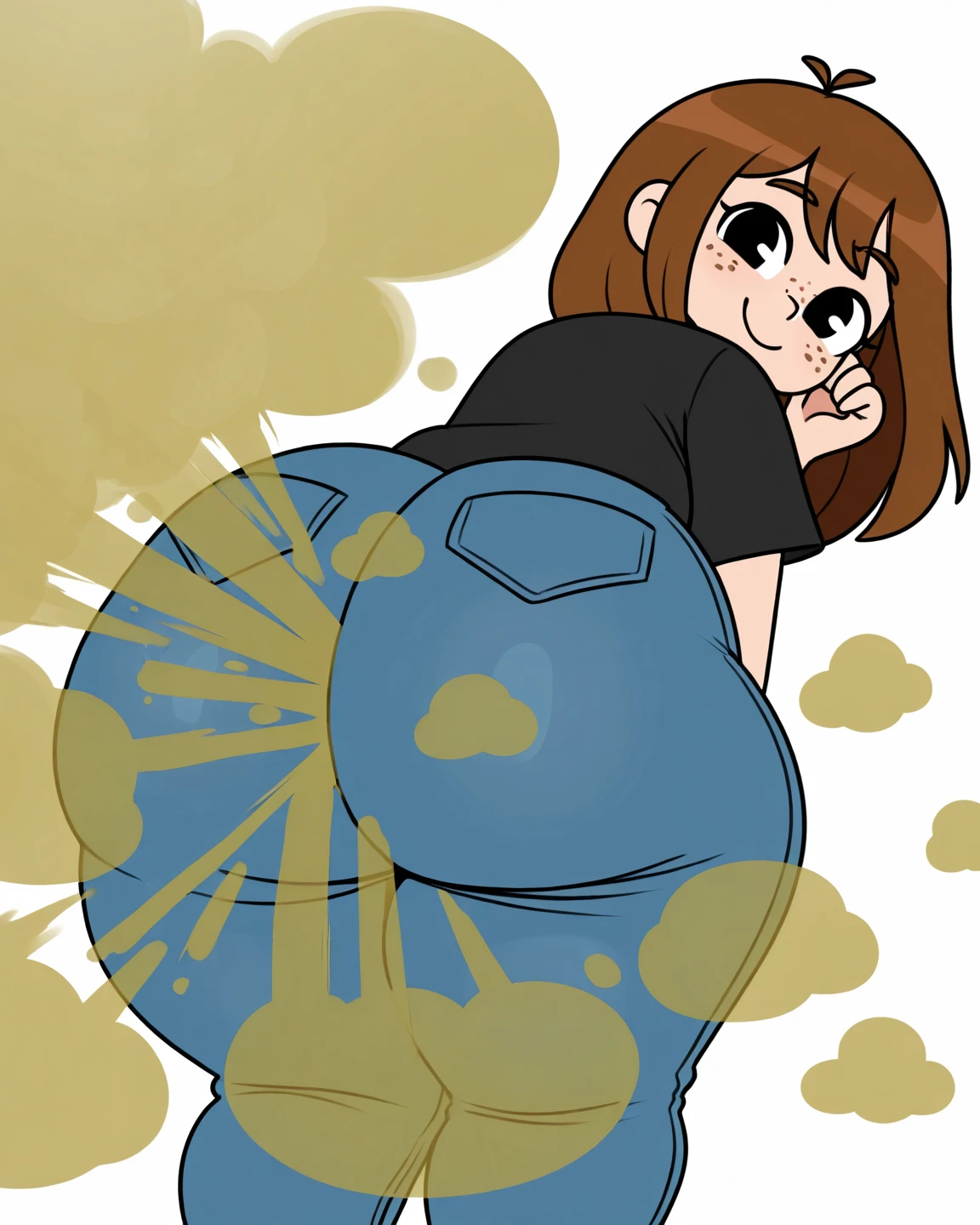 HD, high quality, high resolution, ultrahd,Kaori Makimura, 1female, wearing casual outfit, light green shirt, jeans, default hair, brown hair, very tall body, thin body, massive fart, yellow smoke, wide eyes, leaning, embarrassed, covering mouth with hand, viewing ass, looking upwards in embarrassment, blush