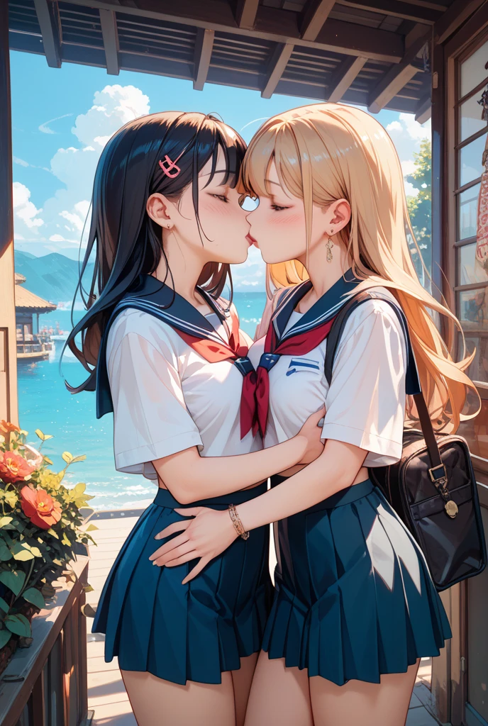 score_9, score_8_up, score_7_up, source_anime, rating_questionable, BREAK 2girls, yuri, kissing, school uniform, very long hair, afternoon lighting, indoor, cute <lora:salad_style_pony6_v1:1>