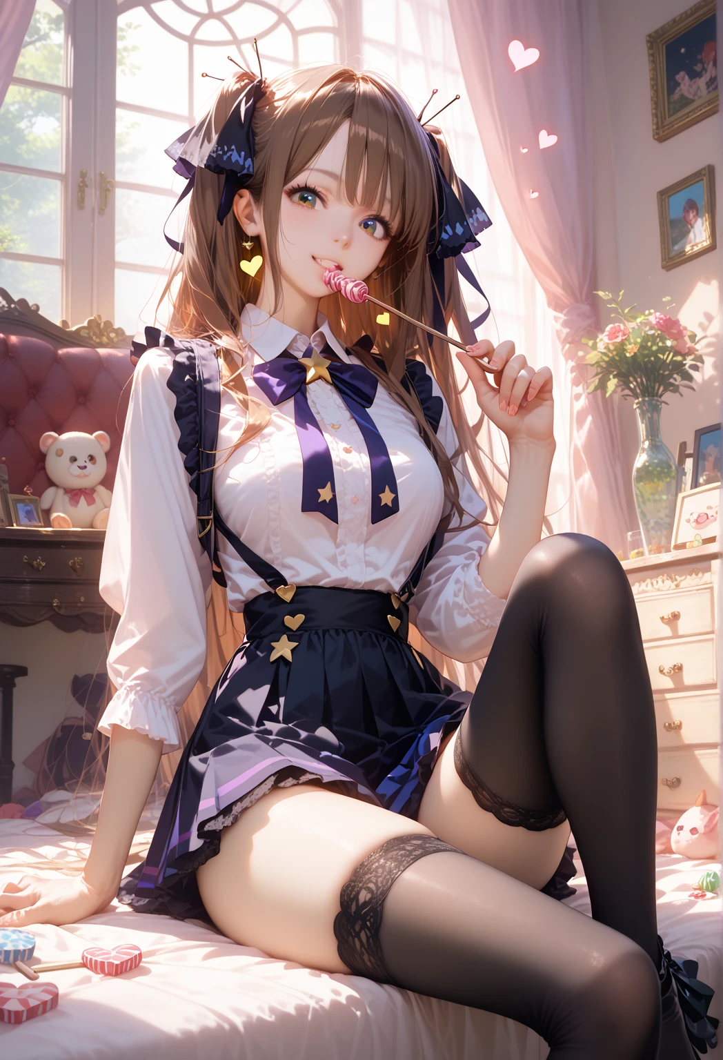 (iwanagadress:1.2), (iwanagakotoko:0.9),(beret:1.8), iwanaga kotoko, 1girl, beret, black bow, blue skirt, bow, brown footwear, cane, dress, hair bow, hat, holding, holding cane, juliet sleeves, light brown hair, long sleeves, looking at viewer, petticoat, puffy sleeves, purple eyes, short hair, skirt, solo, thigh strap, thighhighs, white dress, white headwear, white thighhighs, kyokou suiri, white panty