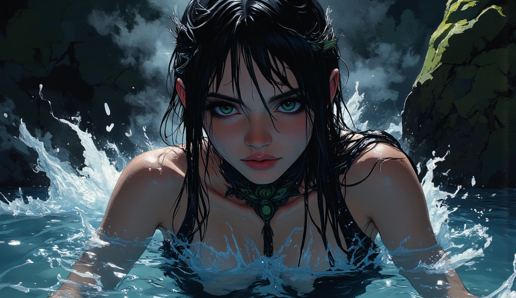 front view oil painting of a woman with face of Winona Ryder morphed with Angelina Jolie laying on a water surface, breast sticking from water surface like two islands, tears of joy, golden hour colors, stunning digital illustration, beautiful fantasy art portrait, a beautiful artwork illustration, charlie bowater rich deep colors, artstyle tom bagshaw, beautiful digital illustration, beautiful fantasy portrait, portrait of a dark fantasy nymph, exquisite digital illustration, in style of anna dittmann