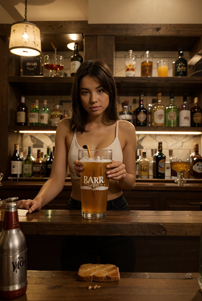 german pub with bar maid standing behind the bar and holding a beer and wearing very low cut apron, bar maid is behind the bar