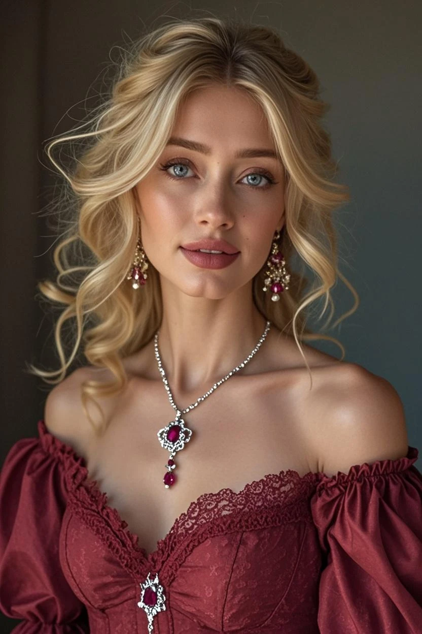 a stunning 20yo woman with piercing brown eyes and medium blonde hair, wearing red lingerie, realistic, necklace, intricate details in the clothing, sexy pose, studio lighting to enhance the depth and realism of the image, big breast, (full model 1:3)