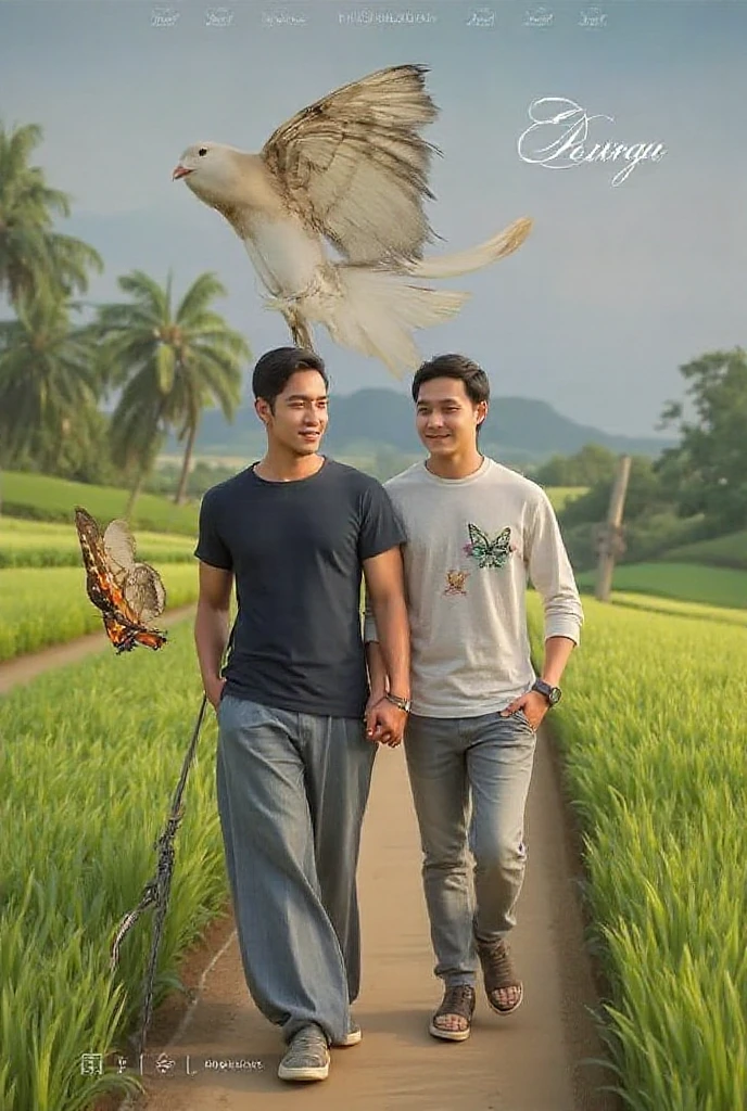 An old farmer carrying a flat burden, walking on the winding path of the countryside, big clouds, blue sky, rice fields, neat rice seedlings in the field, forest, hillside, secluded, countryside, HD detail, hyper-detail, cinematic, surrealism, soft light, deep field focus bokeh, ray tracing and surrealism. --v6