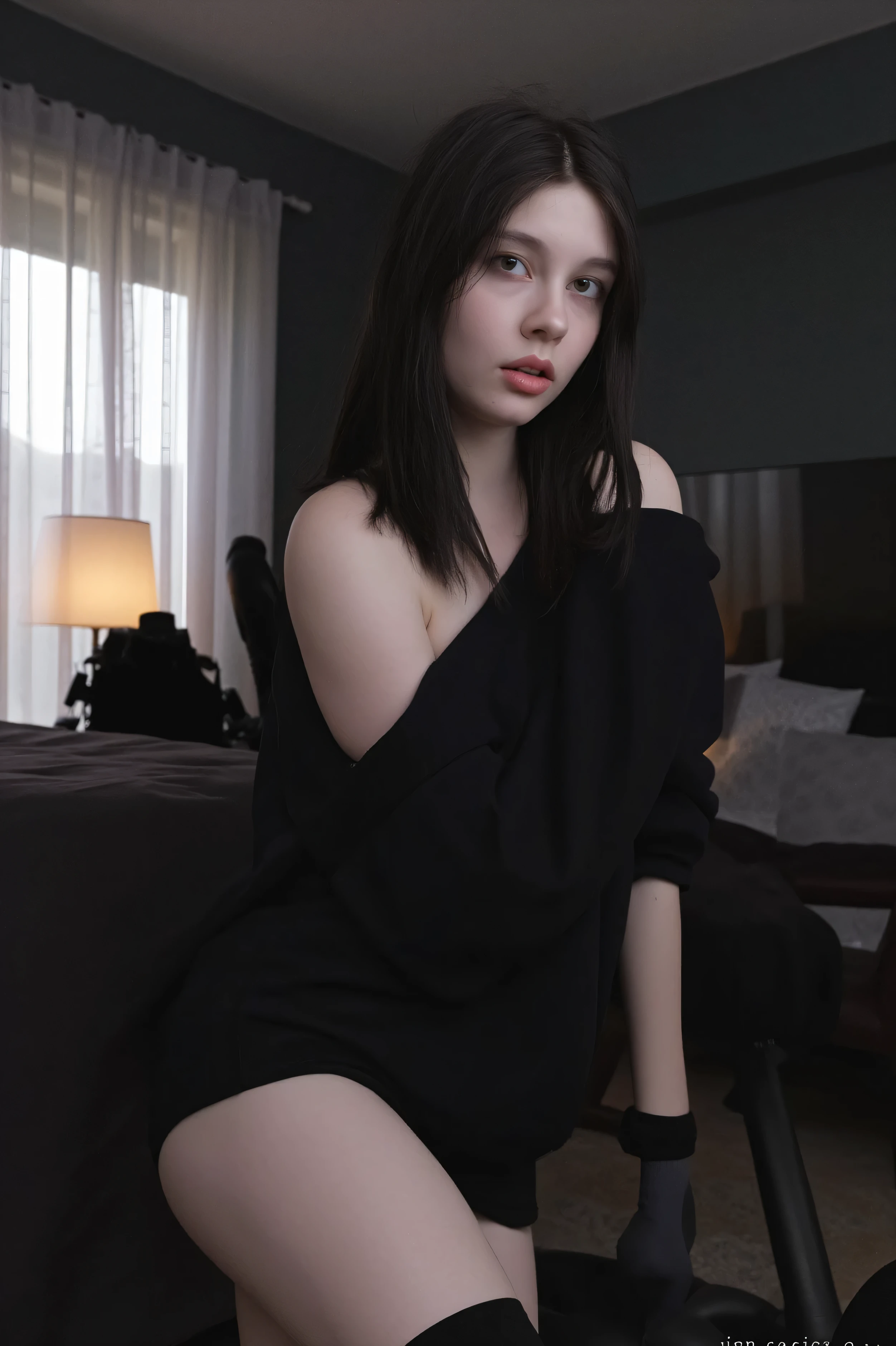 A girl named nyx age19, pale skin goth e-girl with messy black shoulder lenght hair and a slim thick body. H cup breast, huge breast, huge thigh, realistic skin texture. She is wearing an oversized black hoodie and thigh-high socks. She is sitting on a gaming chair in a cozy bedroom.Keeping eye contact.Seductive vibe.Realistic style.