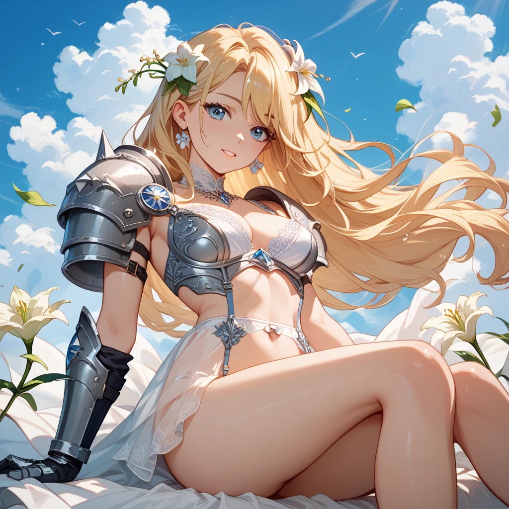 1240569198, Woman, ((without armor)), knight, middle ages, [blonde hair: -0,9] ,walk, [[corn crop]], (((sky blue))), ((summer : 2))), Low angle, master piece.