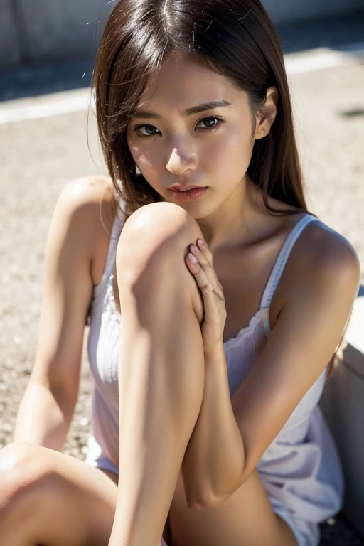 Realistic Photography, Beautiful Female, sitting pose, summer clothes,
 outdoor
