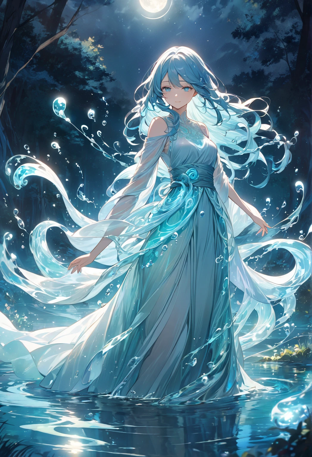 Name: Nixora
Element: Aquascend
Description: A marine biologist with a deep connection to the ocean, Nixora uses her abilities as a guardian of the seas, keeping balance and harmony among the aquatic creatures.
Prompt: ((((Underwater scene, Aquatic background)), 1girl, Nixora, standing/wading in water, Aquascendar element, flowing hair, flowing clothing, ((water rippling around), sea life seen in the background, subtle shimmering effect)), Aquascent glow on hands, wrists, and legs, soft pale blue complexion, ((mermaid-like)) hair, eyes like sea glass, slight smile, ((water spray)), medium to long hair, watery veil on face, (3/4 view, face centered), translucent gown flowing around her, flowing sea life seen in the background, harmony between sea life and Nixora, calming colors, (oceanic tone)), 20 years old, serene and gentle expression