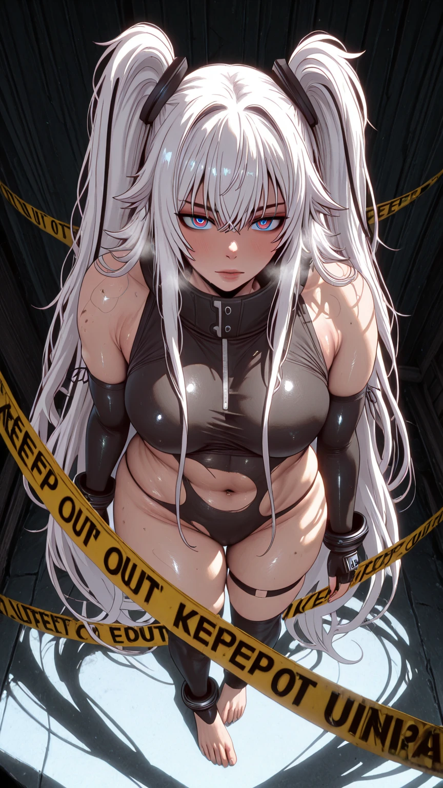 hizukistyle1, (anime coloring, anime screencap), shiny skin, (edmun-style:1.8), (j.k.-style:1.2), ((anatomical correct)), ((Cinematic, unreal engine, eye-catching, ambient occlusion, UHD, masterpiece)), ((perfect lighting, dappled sunlight, soft shadow)), perfect body, perfect eyes, perfect fingers, gasping, heavy breathing, gasping profusely, ((skindentation)), ((curvy)), white hair, absurdly long hair, sidelocks, two side up, hair ribbon, multicolored eyes, square pupils, plump, 1girl, caution_tape, solo, looking_at_viewer, gloves, thigh_strap, fingerless_gloves, bare_shoulders, breasts, barefoot, elbow_gloves, keep_out, torn_clothes, black_gloves, sleeveless, standing, closed_mouth, fingernails, star_(symbol), glowing effect, glowing eyes, ((from above))