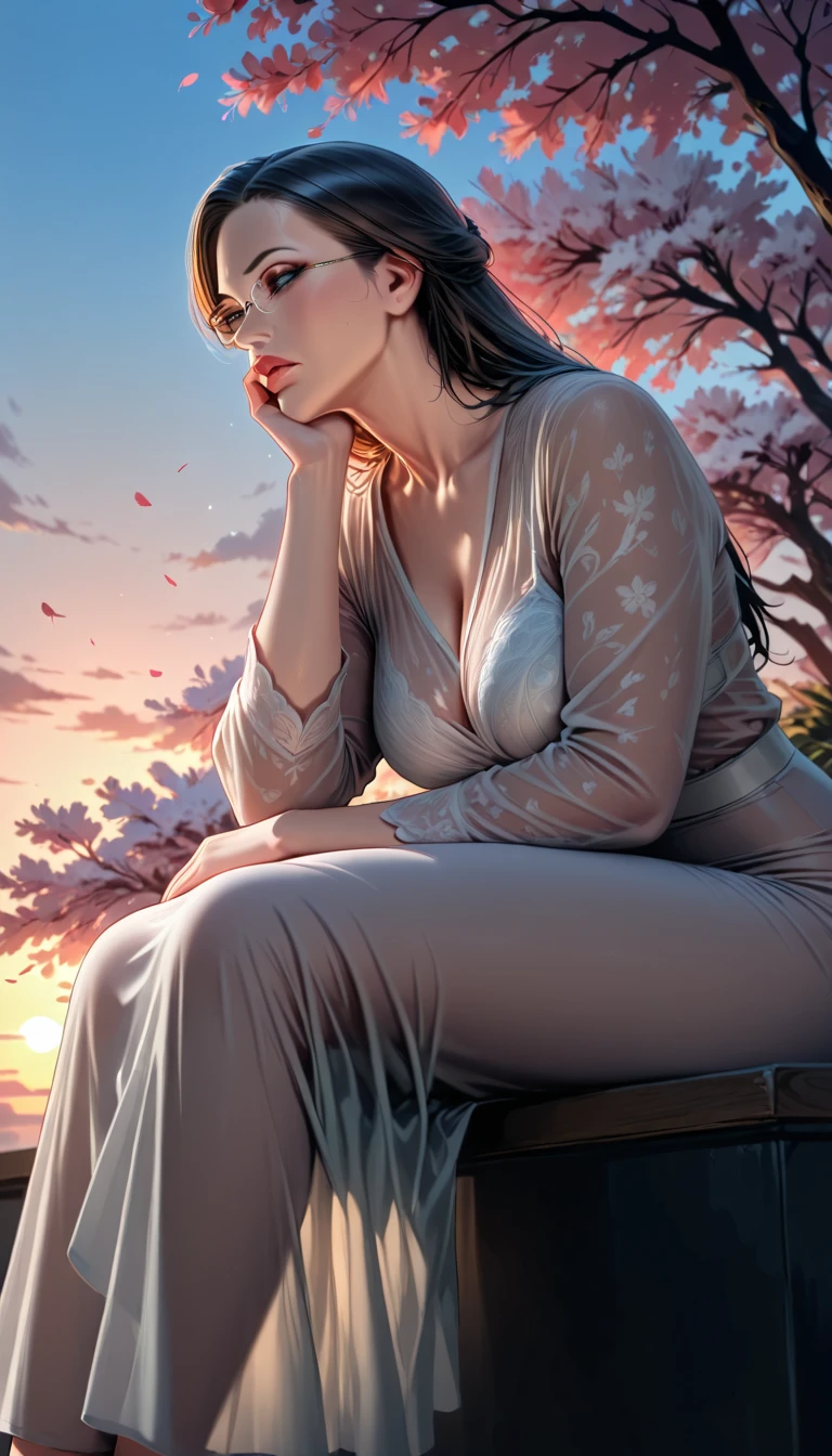 full length, Full body photo, This image、with her long black hair in a casual upstyle Depicts a Japanese woman. she wears glasses、has a slightly irritated expression. She's wearing see-through clothes, long sleeve dress with a delicate pattern, she is sitting on a bench slightly away from the camera, but、looking at camera. she's not wearing a bra, exposing his chest, and、Raise her hands to her face、is gently placed on her chin and poses pensive.  in the background , beautiful cherry blossoms bloom in a clear blue sky, has a gentle outdoor scene in spring. The lighting is soft and natural, complements the calm and peaceful atmosphere of the scene.