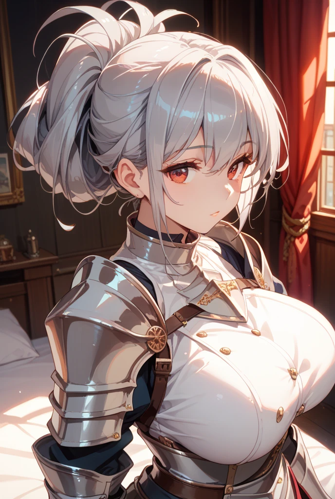 1 Private Wife，alone，long hair，Large Breasts，Golden Eyes，Sexy，Short silver hair，Mature female，widow，(masterpiece: 1.0，(the best_quality: 1.0)，silence，Black Armor，Fantasy World，Calm down，Inside the Palace，In a meeting，Upper body close-up，lipstick，During the sermon，earrings