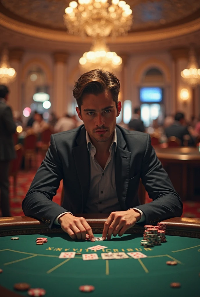 (best quality,highres,masterpiece:1.2),luxurious casino scene,philanthropist tycoon,wealthy gambler at the roulette table,huge amounts of money,winner's excitement and anticipation,bright lights and vibrant colors,extravagant decorations,expensive champagne,prominent facial features of the gambler with a strong jawline,beautiful detailed eyes and lips,expensive suit and accessories,ultra-detailed casino chips,high-stakes game,gorgeous showgirls in flamboyant costumes,exquisite ceiling chandeliers,acrobatic performers suspended from above,enthusiastic crowd cheering,exclusive VIP lounge,cigar smoke swirling in the air,breathtaking view of the Las Vegas skyline from the casino window,realistic,photorealistic:1.37)