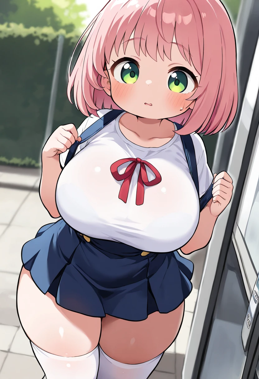 ashido mina, pink skin, yellow eyes, black sclera, horns, pink hair, (huge breasts:1.3), (wide hips), (full body:1.2), (underboob shirt,skirt:1.6), breasts, (sfw:1.3), covered breasts, (masterpiece:1.2), best quality, high resolution, unity 8k wallpaper, (illustration:0.8), (beautiful detailed eyes:1.6), extremely detailed face, perfect lighting, extremely detailed CG, (perfect hands, perfect anatomy), (dynamic pose:1.2),