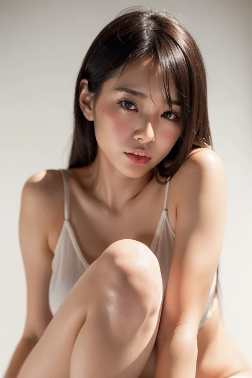 (8k, Raw, Top Quality, Masterpiece: 1.2), (Realistic, Photorealistic: 1.37), Ultra High Resolution, One Girl, Cute, One Model Shoot, Browse, Top Quality, Masterpiece, 8k, droopy eyes, big tits, beautiful breasts, plain background, showing labia minora, showing breasts, naked woman, showing labia minora Nipped waist, Perfect figure, Perfect body, Naked body, Naked labia minora, Sexy legs, Spread labia minora, Smiling, Very detailed face, Very detailed lips, Double eyelids, Elaborate details and delicate glow, Posing her in a pose reflecting both elegance and confidence, Enhance visual effect with cinematic lighting. Use modern 2D design for the background, creating a beautiful, balanced composition. Enhance the scene with elements such as depth of field, bloom effects, and a touch of sparkle, adding a dreamy texture to the overall image. Pay close attention to detail, (((Cowgirl))), (((frown, open mouth, squint))), (((from bottom: 1.5, looking at viewer: 1.3, close))), bitch,