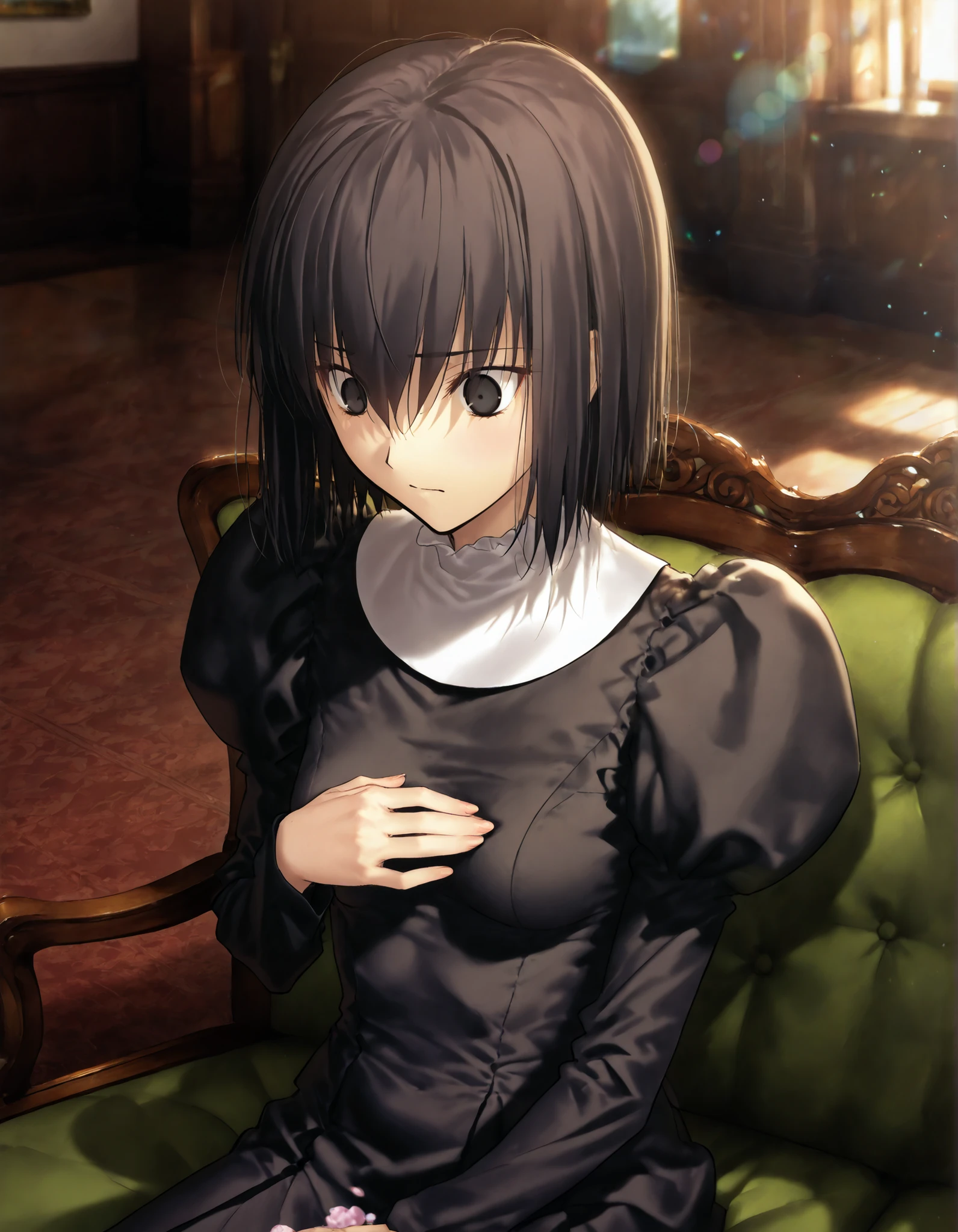 masterpiece, , absurdres, highres, detailed background, high resolution, masterpiece, necessary, detail, best quality, quality, necessary, details, High details, Precise, indoors ,(mansion, colorful light particles, powder light,),day lens flare, blurry background,(from above ,from side), ,
1girl, (type-moon,) style, koyama hirokazu style, sitting on green sofa, wide sofa, (covering breasts, covering crotch), (upper body),
tall girl, mature, 1girl ,solo ,kuonji alice ,black hair ,short hair ,hair between eyes ,black eyes, tsurime, wide eyed, Alice_Uniform, black dress, long sleeves, juliet sleeves, habit, looking down ,small breasts, light embarrassed,