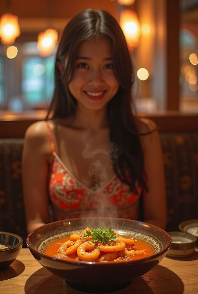 Stylish Japanese Izakaya。Stylish dishes and mugs of beer lined up in front of you。Half-drunk beer。In front of me is a dark-skinned young Japanese woman。