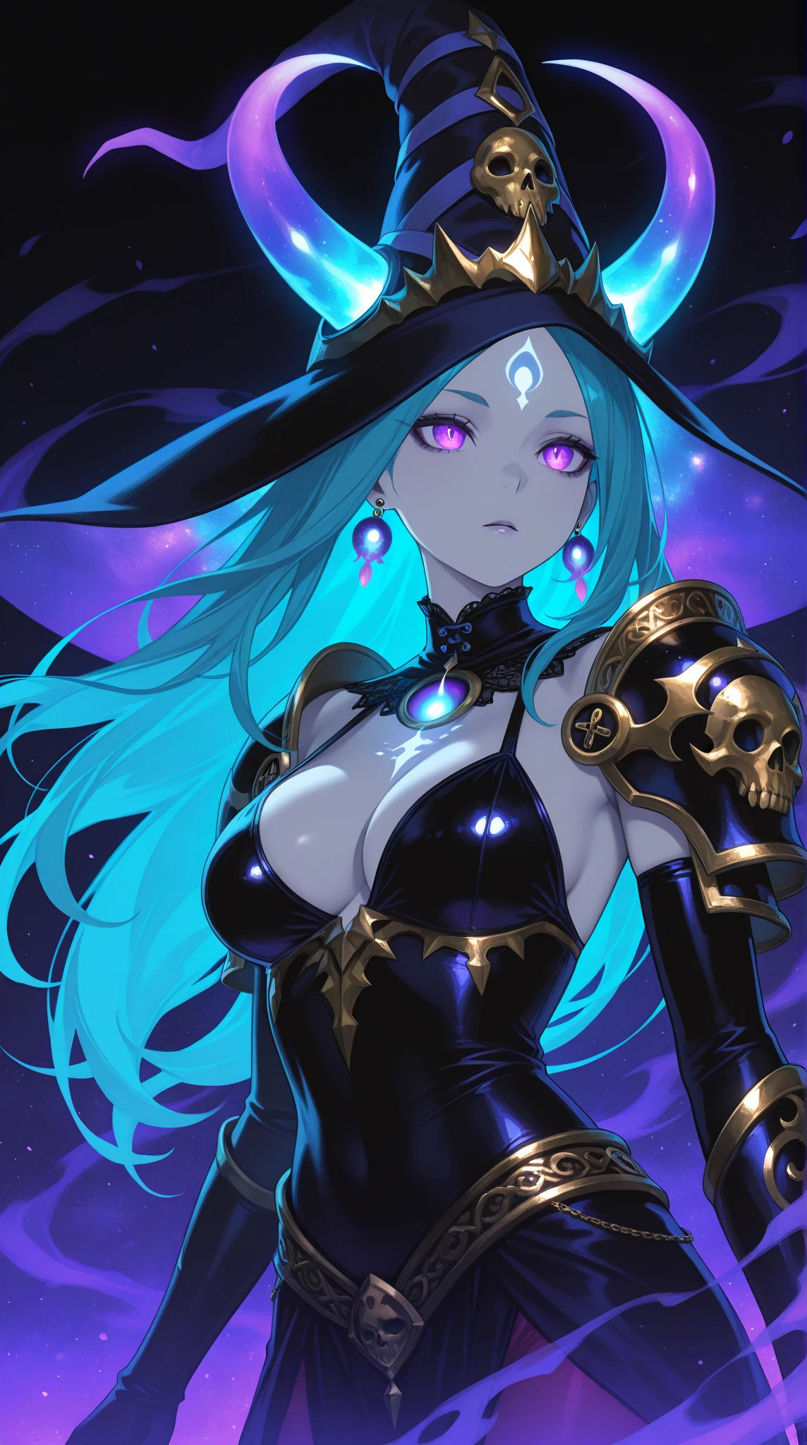 (best quality,4k,8k,highres,masterpiece:1.2),ultra-detailed,(realistic,photorealistic,photo-realistic:1.37),sorcerer,wizard,sorceress,enchantress,spellcaster,dark magic,occult rituals,spellcasting,fantasy,large-breasted,curvaceous,voluptuous,provocative,leaning forward,fierce eyes,ornate robe,mystical symbols,dark aura,flowing hair,pointed hat,intense focus,mystical lighting,sorcerer's staff,dazzling spell effects,otherworldly entities,atmospheric,magic-filled scene