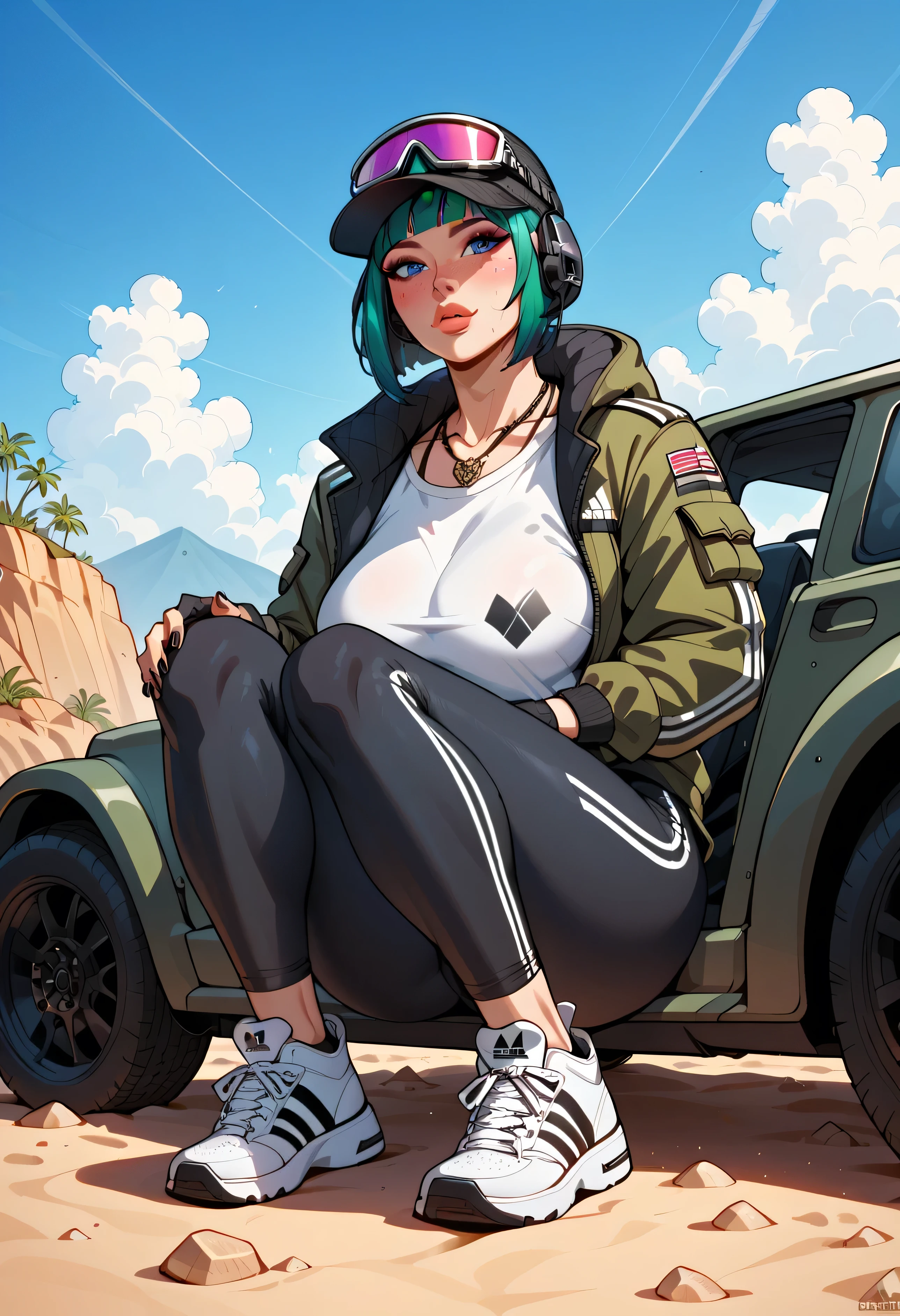 score_9, score_8_up, score_7_up, score_6_up, low angle, score_9. score_8_up, score_7_up, score_6_up, score_5_up, score_4_up, Ela, ela elite \(Rainbow Six Siege\),ela, ela \(Rainbow Six Siege\ HD, perfect masterpiece,score_9, score_8_up, score_7_up, score_6_up, score_5_up, score_4_up, score_8_up, score_7_up, Freckles, fFaceDetail, beautiful face, high detailed face, curvy body, jewelry, necklace, make up, bimbo lips, perfect eyeliner, black nails, lips, , red blush, cap, fingernails, fingerless gloves, short bobcut, green hair, girl, fat ass, fat breast, blue eyes, jacket only, string of heart shape of nipple paste, tight leggings adidas, ping heart sneakers, red blush, curvy breast , sweating, in dessert full of sand, sitting on the hood of a Jeep Wrangler Rubicon car metallic green, background of a rocky hillside landscape . The design of the picture should look real , high resolution 16K HD .