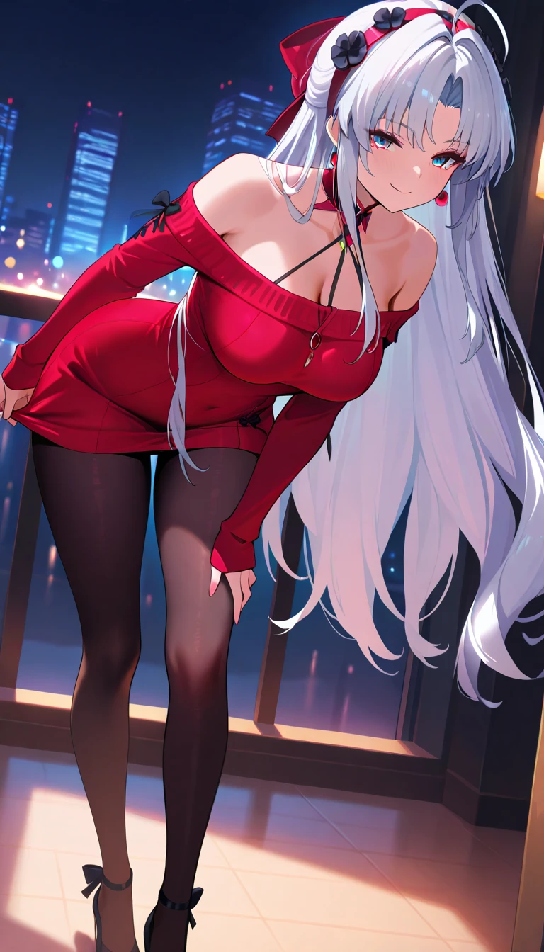((masterpiece、Highest quality、Very detailed))、One Girl、Gray Hair、Long Hair、Diagonal bangs、Red eyes、evil smile、((Grin))、Earrings、Large Breasts、((red playboy bunny))、((white pantyhose))、((Thick waist))、Cowboy Shot、Pretend、Turning your butt off、Shoot from behind、Stage Background
