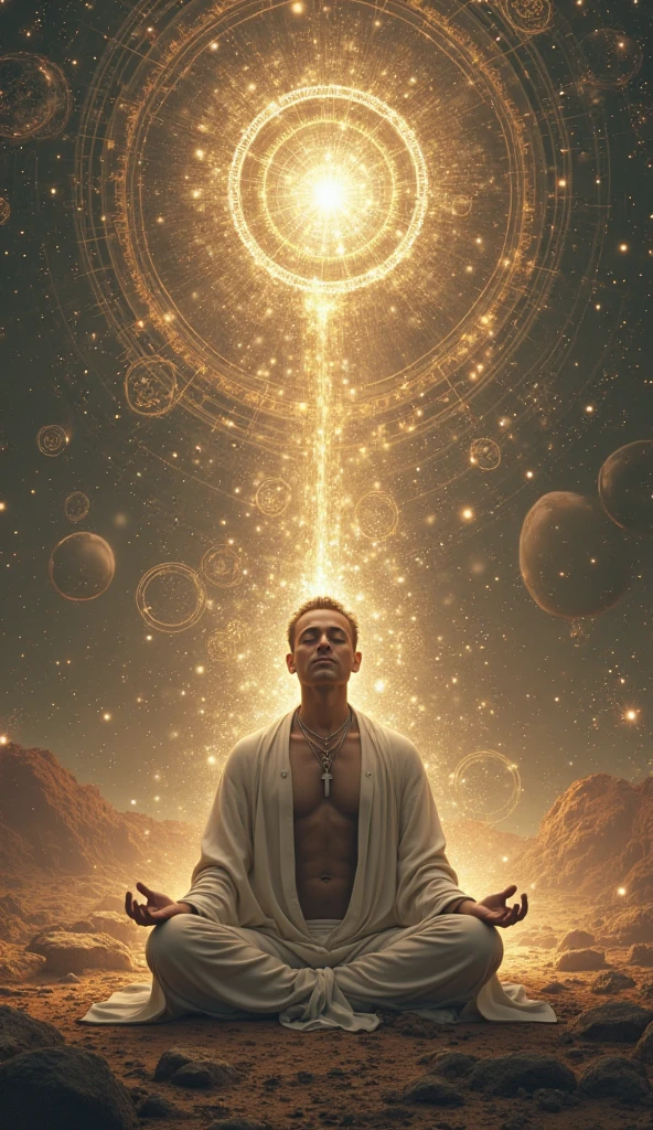 I would like a person in a state of meditation to see a subtle light coming out of his chest, the background of the image being a universe, in the left corner two intertwined mushrooms