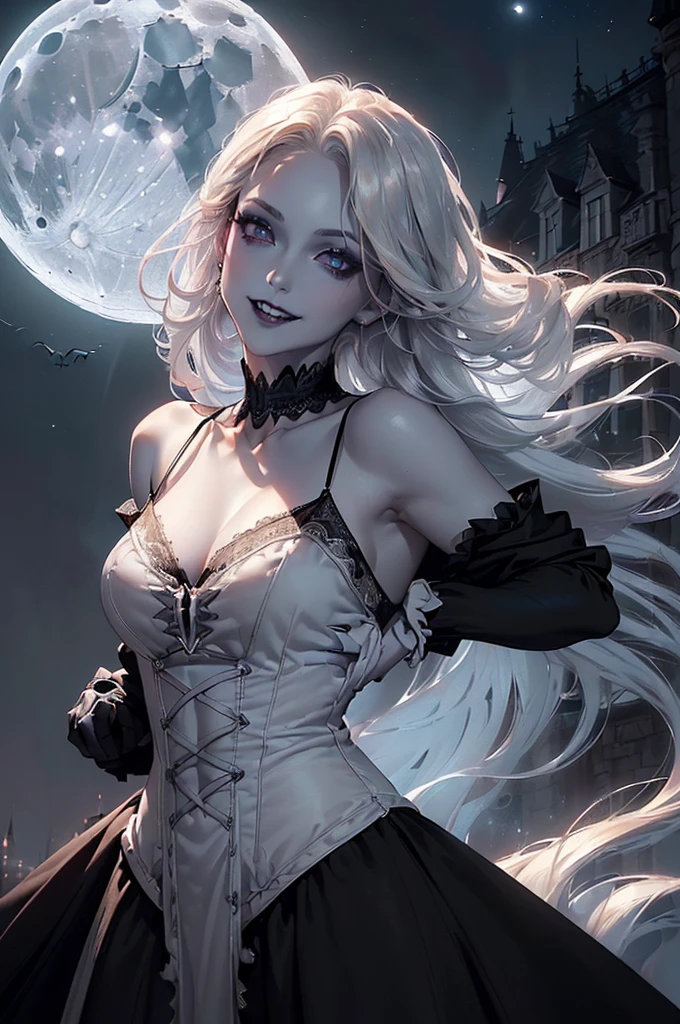 masterpiece, highest quality, (solo focus), (perfect face:1.1), (high detail:1.1),dramatic, 1guy, (pale skin), long white hair, white eyes, solo, long hair, moon, night, white luxury suit, vampire, covered navel, pouty lips, covered, victorian city, detailed background, gothic renaissance, cinematic lighting,