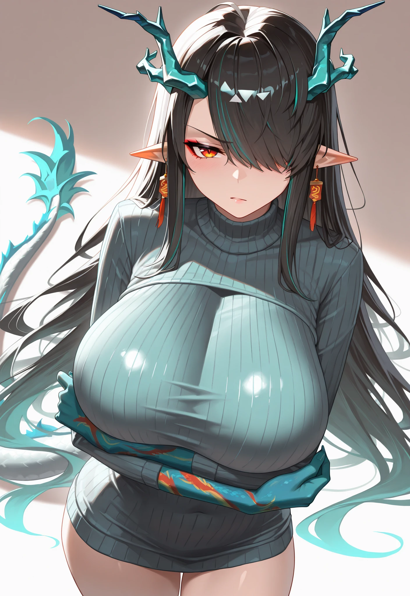 1girl, dusk \(arknights\), arknights \\\\\ masterpiece, best quality, newest, orange eyes, black hair, horns, ///// by nyantcha, by khyle,by cutesexyrobutts, by omone hokoma agm \\\\\ gradient hands, bandage, red ropes, (shibari),,ero, rating:nsfw, nude,naked,,,,, small dragon tail,,,solo,blush,shy,standing, big tits, , white background, simple background