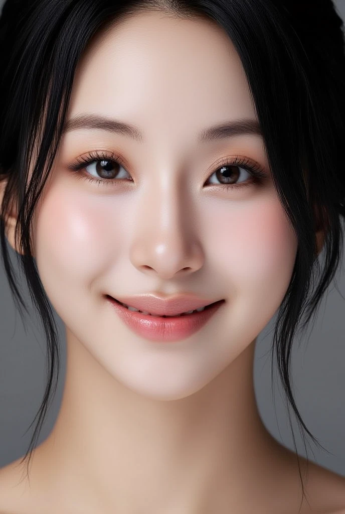 (Highest quality、Tabletop、8K、Best image quality、Award-winning works)、Cute beauty、(nude:1.3)、(The simplest pure black background:1.5)、(Face close-up:1.6)、Accentuate your body lines、Beautiful and exquisite、(look straight at me:1.1)、(Stand upright facing straight ahead:1.1)、Front facing body、Ultra-high definition beauty face、Ultra HD Hair、Ultra HD Shining Eyes、super high quality, Glossy Lip、Bright beautiful lipstick、Accurate anatomy、Very beautiful skin、Ultra high resolution and beautiful, Glowing Skin、Ultra-high resolution beautiful teeth、An elegant upright posture when viewed from the front、(Sweaty skin:1.1)、(Damp Hair:1.1)、Moisturized Skin、Beautiful perfect cheeks