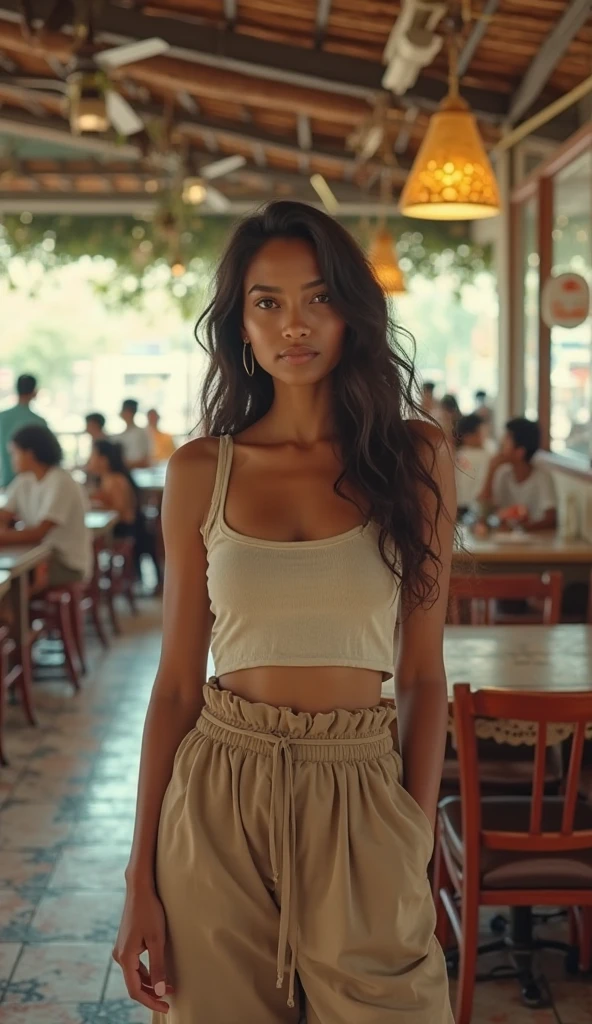 (extremely detailed CG unity 8k wallpaper), photo of the most beautiful artwork in the world, 8k uhd, realistic photo, a half body photo of 24 year ebony girl, Long black Hair, medium breasts, wearing High-waisted shorts and a tucked-in tank top, High Ponytail with Scarf ,A stall in the fruit market with hanging fruits and vibrant umbrellas background, , DSLR with a prime lens for crisp and detailed shots , Fill flash to balance natural light, high quality, High Detail, Sharp focus, dramatic, (looking at viewer:1.2), (detailed face:1.3)