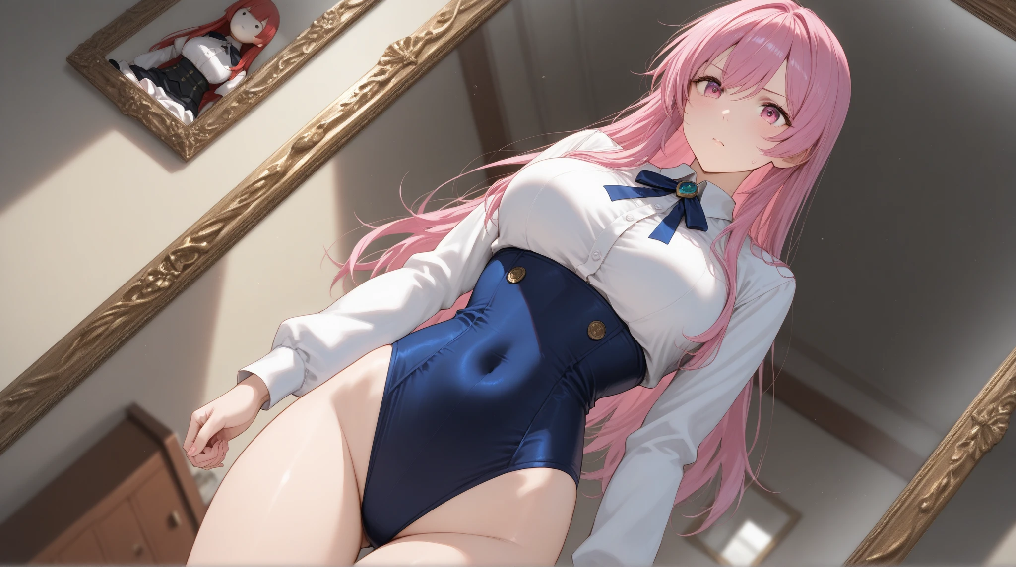 ((4k、8k、top-quality、perfect fingers:1.3、perfect anatomia:1.3、Blur the background))、super cute petite girl、((Kimono nurse style leotard、long-sleeve)、(stright long hair:1.3)、14years、a beautiful slender girl、a baby face))、(Beautiful big drooping eyes)、blushing shy smile、Full Body Display、(Soio)、knee high socks、Standing backwards、hospital room by the window、