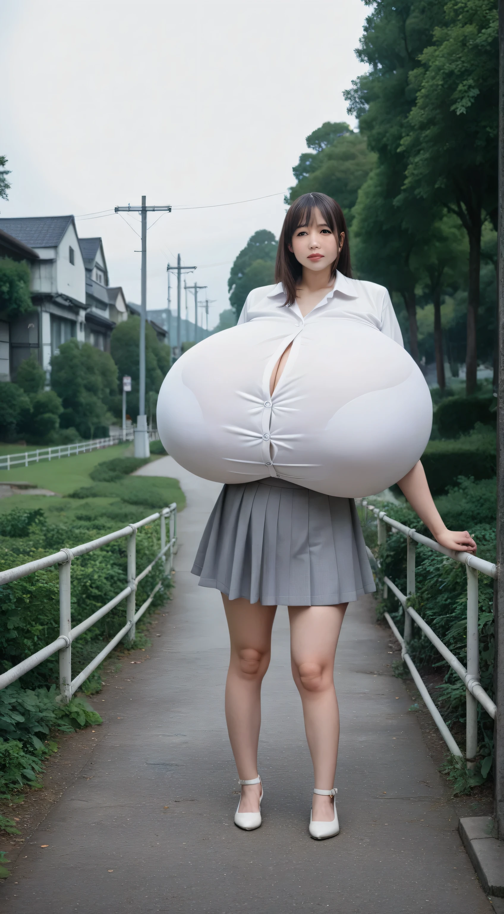 (Top Quality, Masterpiece, Ultra High Definition, Photorealistic), Raw Photo, 1girl, pretty, Japanese, (T-shirt), big breasts, bangs, (SB, stomach bulge, belly bulge, deep penetration, vaginal, big stone pole), standing, park,