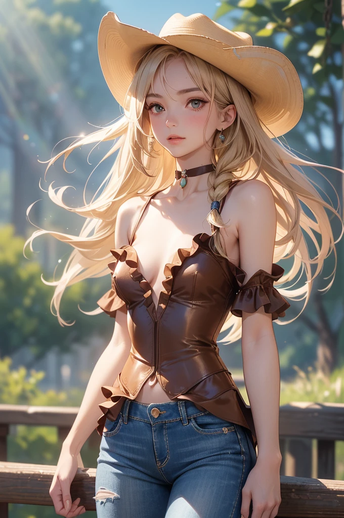 Jessica Alba, masterpiece, best quality, ultra highres, detailed illustration, portrait, detailed, 1girl standing in wheat field, solo, long hair, dress, bra and panties, flower, white hanfu, smile, full body, white flower, bare shoulders, very long hair, aqua hair, closed mouth, facing viewer, bangs,